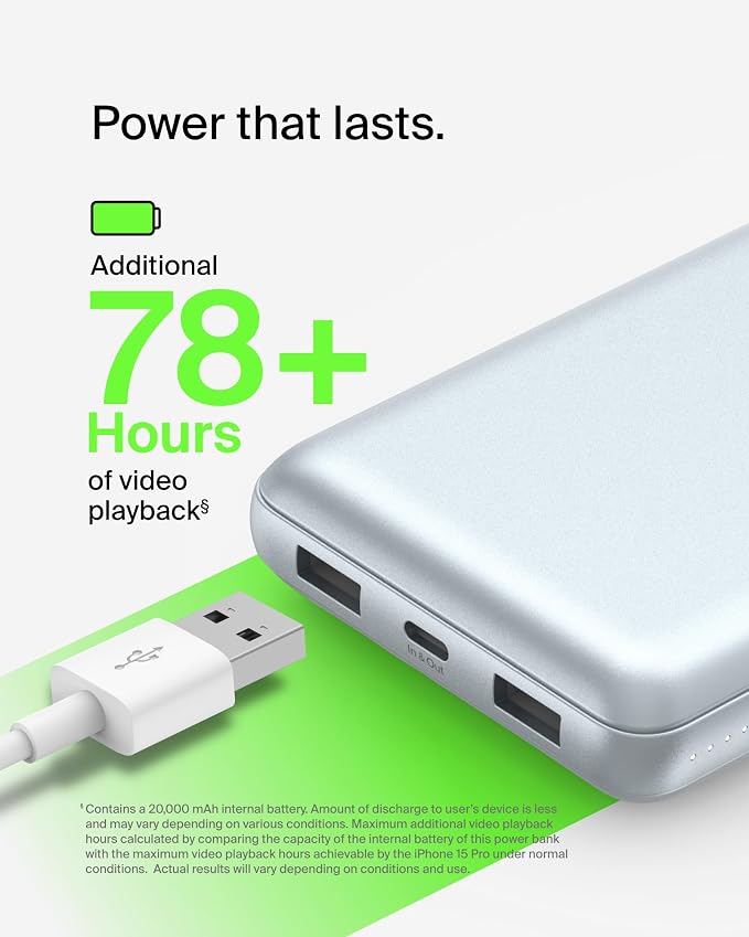 Belkin Portable Charger, USB-C Power Bank 20000 mAh w/ 2 USB-A Ports, 15W - Image 6