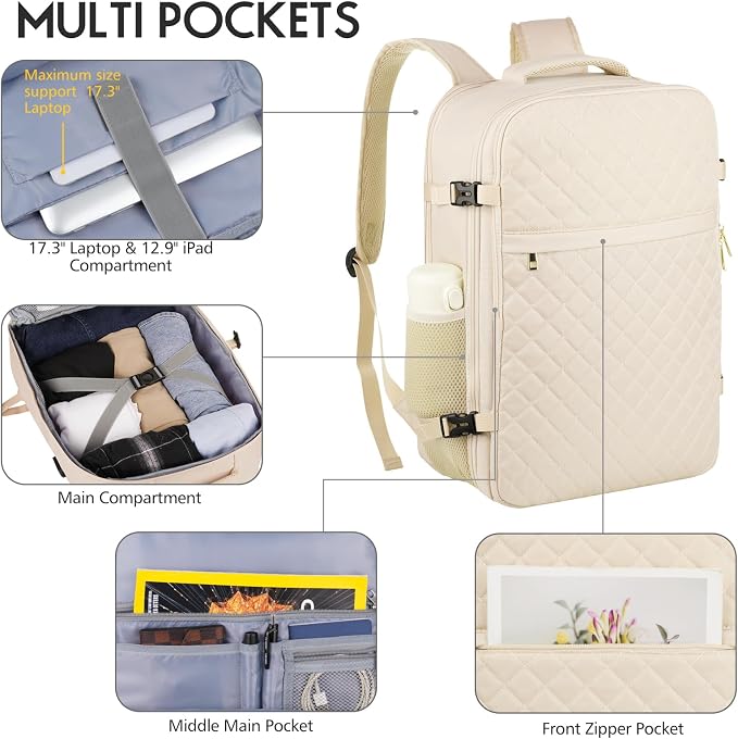 MOMUVO Large Travel Backpack Women, Flight Approved Carry On Backpack, Water - Image 3