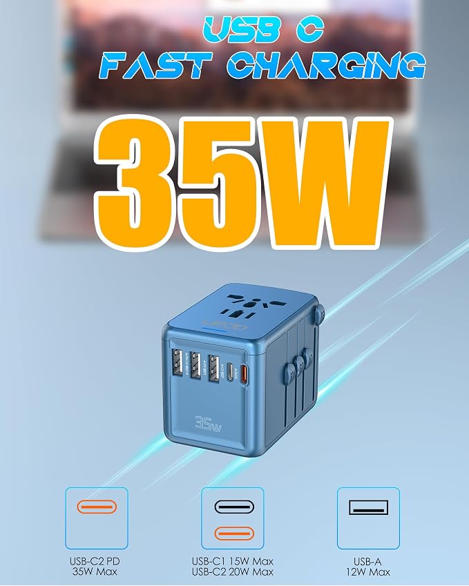 35W PD Universal Travel Adapter Fast Charging Offers 3X2.4A USB-A Ports - Image 2