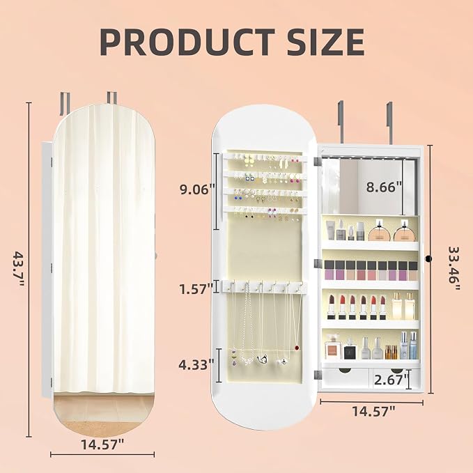 RQZ 8 LEDs Mirror Jewelry Cabinet, Rounded Wide Jewelry Armoire Organizer - Image 9