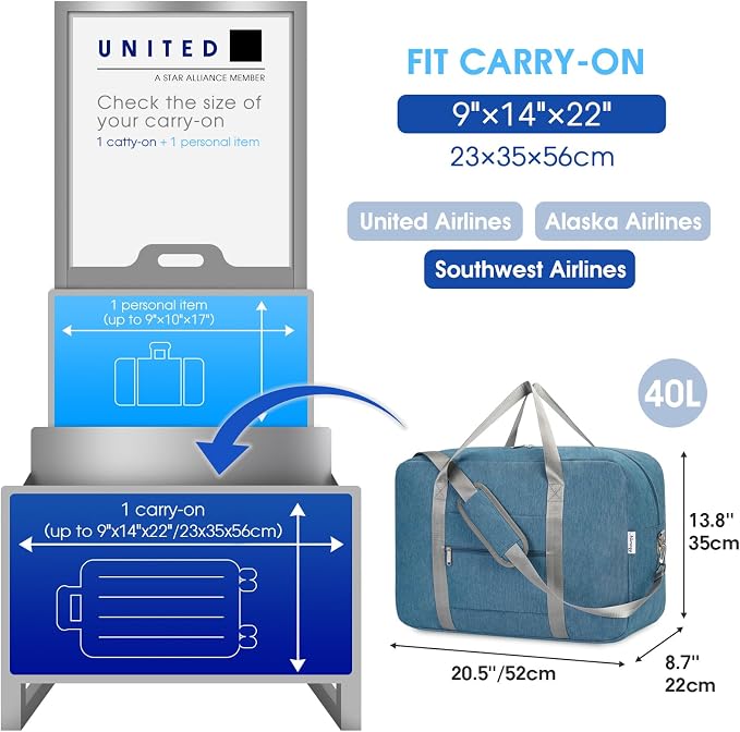 Carry on luaggage 22x14x9 Airlines Approved Foldable Carry on Bag Travel Duffel - Image 2