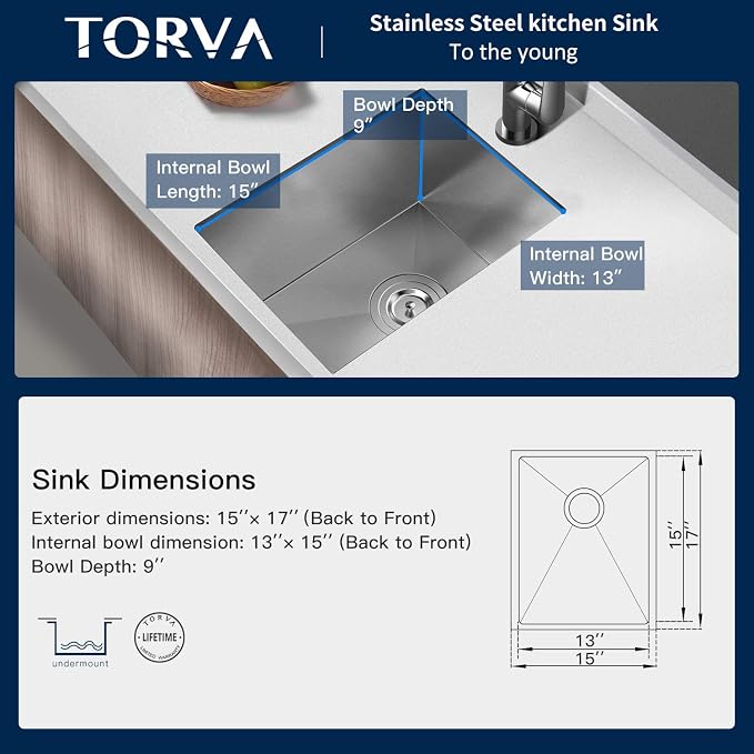 TORVA 15 x 17 Inch Undermount Kitchen Sink, Premium 304 Stainless Steel Bar Sink - Image 4