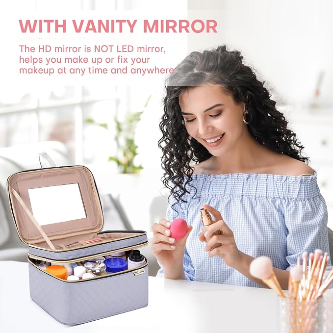 Large Makeup Bag with Mirror Double Layer Travel Make Up Organizer Case - Image 3