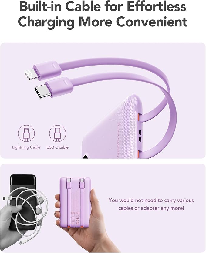 Mini Portable Charger with Built-in Cables 22.5W Fast Charging Power Bank USB-C - Image 5