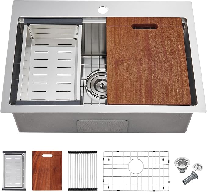 POPFLY 25 Inch Drop In Kitchen Sink, 25×18 Drop In Workstation Sink 18-Gauge by POPFLY