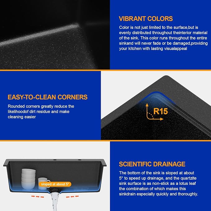 Dcolora 33x22 Drop In Kitchen Sink Black, Granite Composite Black Kitchen Sink - Image 4