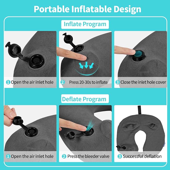Inflatable Travel Neck Pillow for Airplane, Head Support Velvet Adult Neck - Image 5