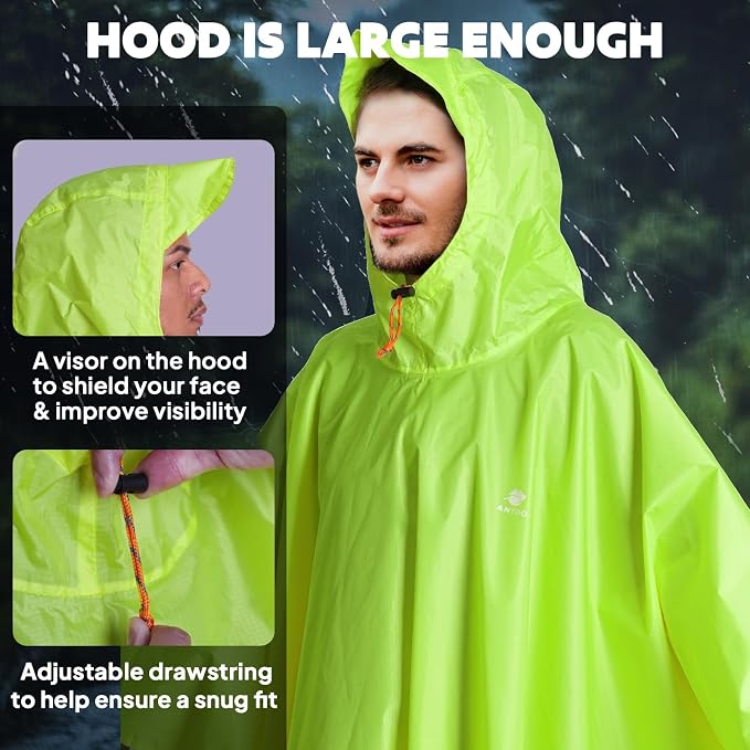 ANYOO Hooded Rain Poncho for Adults Waterproof Lightweight Rain Coat for Men - Image 4
