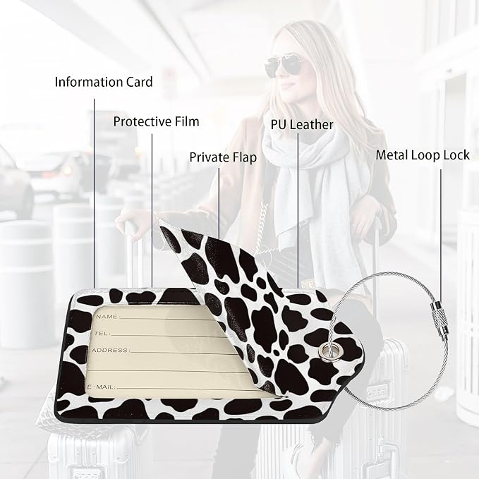 2 Pack Luggage Tags for suitcases Cute Cow Luggage Tag, Leather Stainless Steel - Image 3