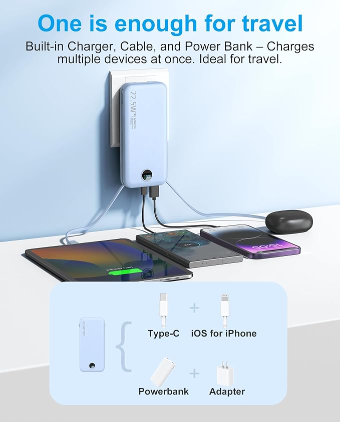 Portable Charger with Built-in Cables and Wall Plug, 12000mAh 22.5W USB C Power - Image 4