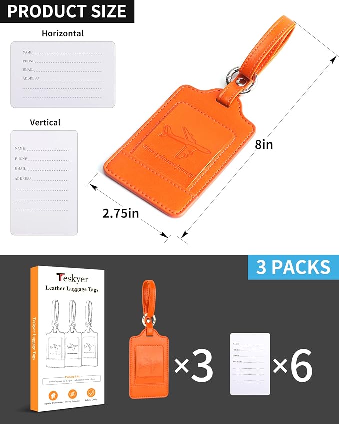 Teskyer Luggage Tags, 3 Pack Premium PU Leather Luggage Tags - Image 6
