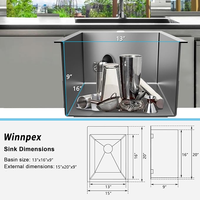 15x20 inch Drop in Bar Sink, 15 inch Small Kitchen Sink 18 Gauge Single Bowl - Image 6