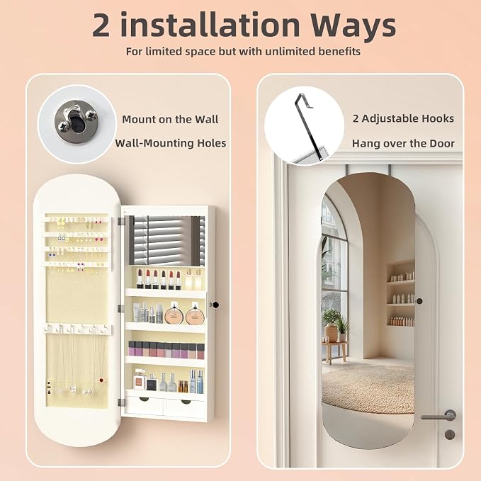 RQZ 8 LEDs Mirror Jewelry Cabinet, Rounded Wide Jewelry Armoire Organizer - Image 5