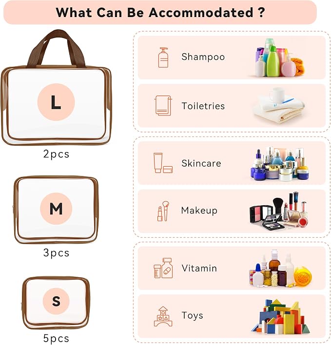 TISRATOK 10 PCS Clear Travel Makeup Toiletry Bag, Plastic PVC Cosmetic TSA - Image 3