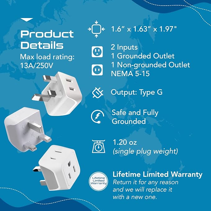 Ceptics UK Travel Plug Adapter, 2 in 1 Type G Adapter, US to UK Adapter - Image 4