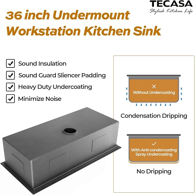 36 Inch Workstation Kitchen Sink, TECASA Undermount Deep Single Bowl, 16 Gauge - Image 2