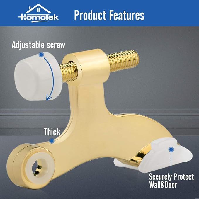 HOMOTEK 2 Pack Hinge Pin Bright Brass Door Stopper, Adjustable Deluxe Heavy - Image 2