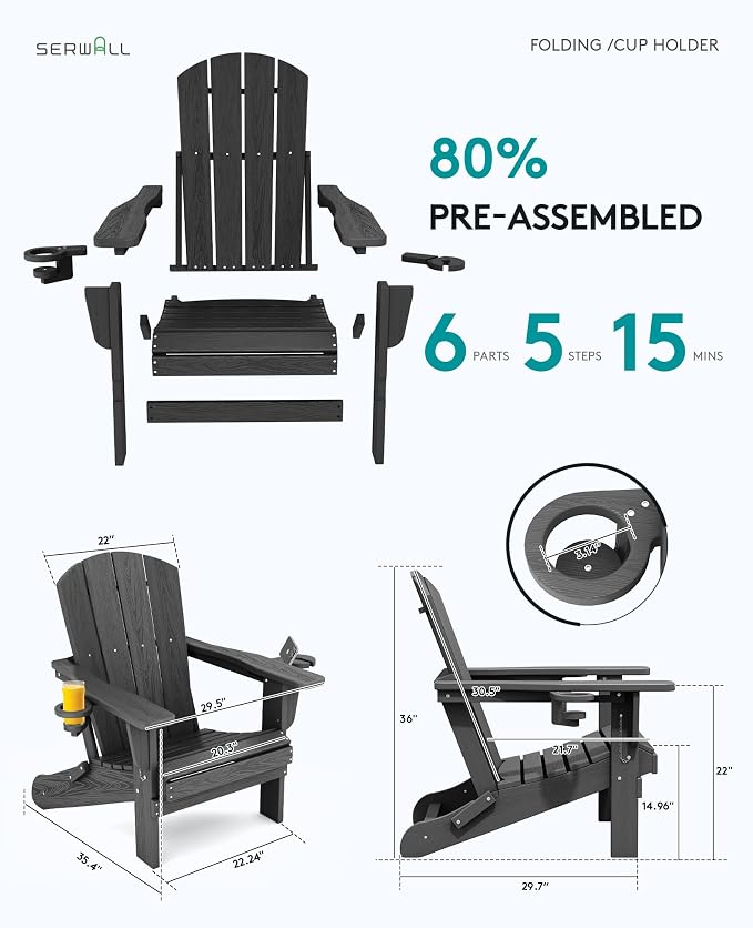 SERWALL Foldable Adirondack Chair, HDPE Adirondack Chair - Image 3