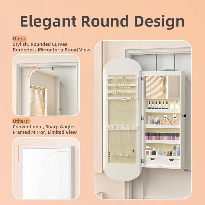RQZ 8 LEDs Mirror Jewelry Cabinet, Rounded Wide Jewelry Armoire Organizer - Image 8