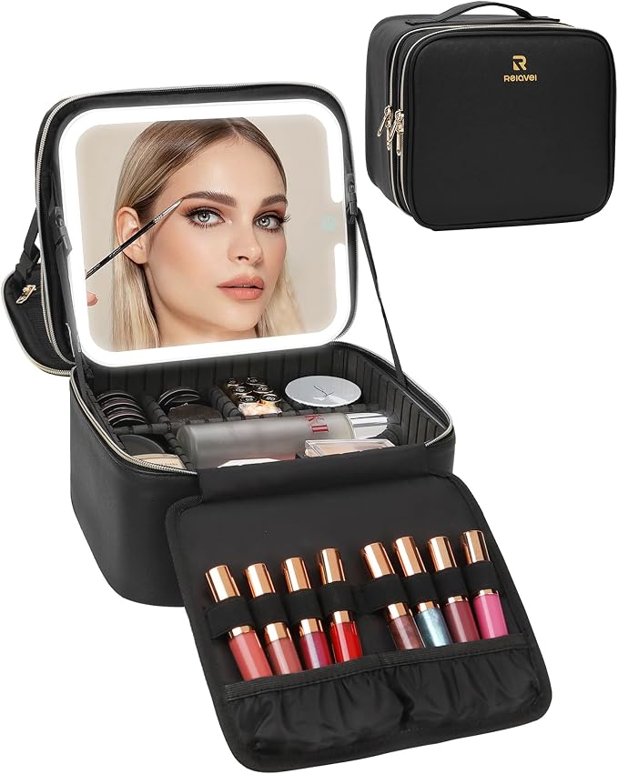 Relavel Makeup Bag with LED Mirror, Travel Makeup Case with Rechargeable by Relavel