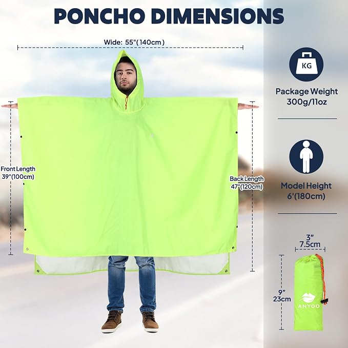 ANYOO Hooded Rain Poncho for Adults Waterproof Lightweight Rain Coat for Men - Image 2