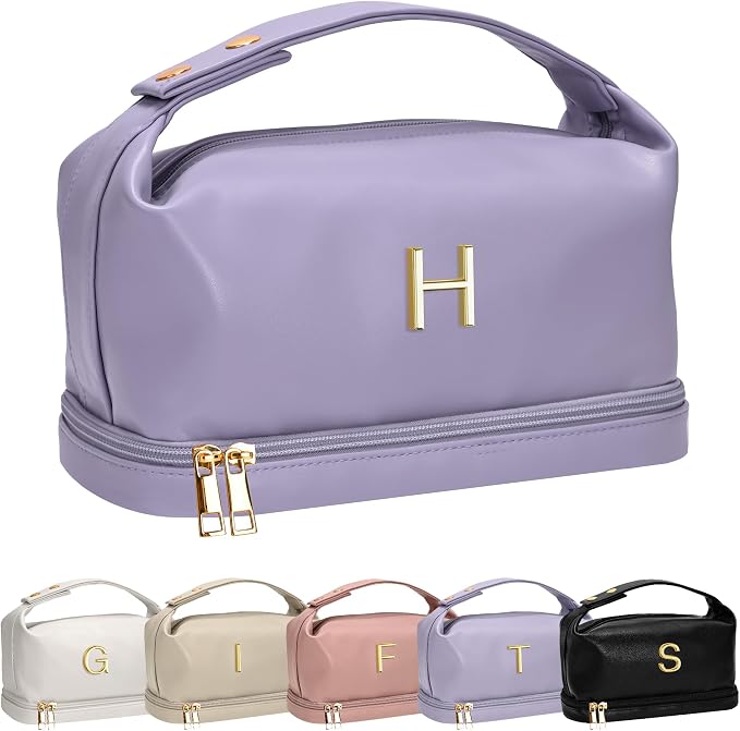 Makeup Bag with Handle, Waterproof Double Layer Cosmetic Bag, Large Capacity PU by Vogewood