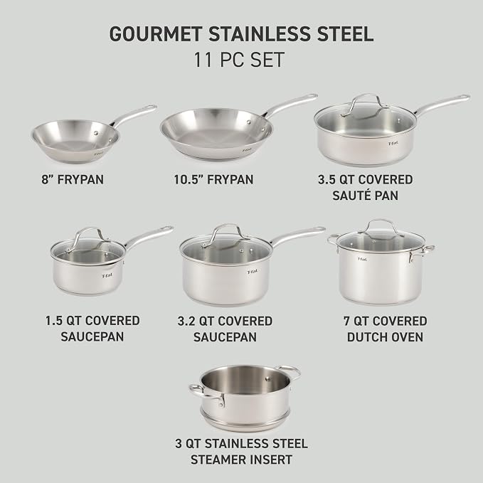 T-fal Stainless Steel Cookware Set, 11 Piece, Induction Cookware, Oven Safe to - Image 2