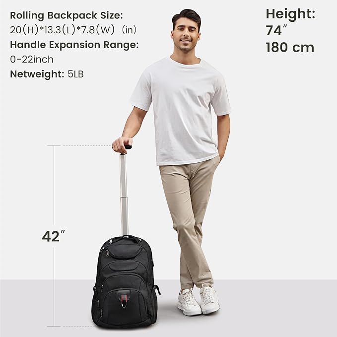Boavan Rolling Backpack, 17 inch Water Resistant Wheeled Backpack, Carry on - Image 4