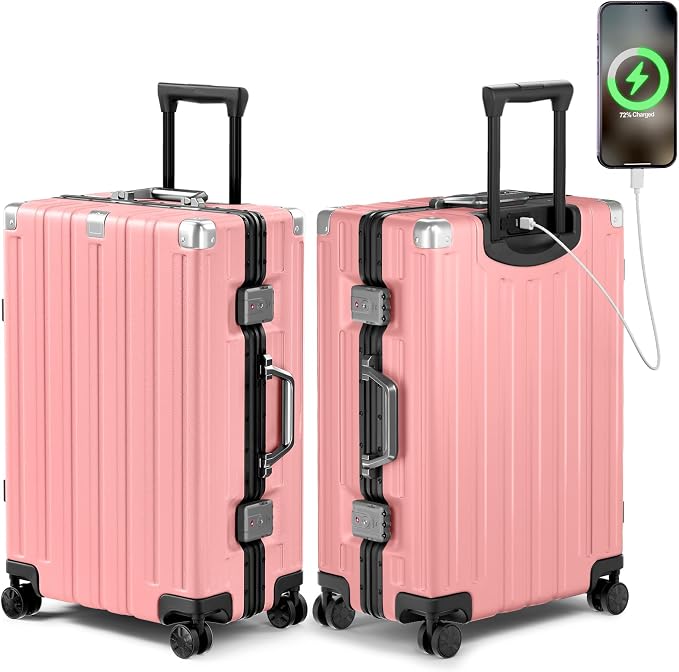Krute Checked Aluminum Frame Suitcase 24 Inch Zipperless Luggages Hardside PC by Krute