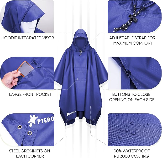PTEROMY Hooded Rain Poncho for Adult - Image 6