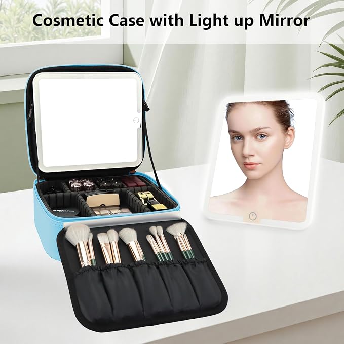 Travel Makeup Bag with LED Mirror Travel Makeup Organizer with 3 Lighted - Image 3