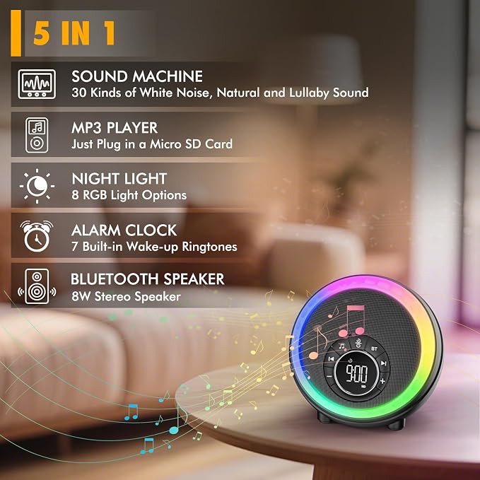 White Noise Sound Machine for Sleep, 30 Soothing Sounds, 8 RGB Dimmable Night - Image 2