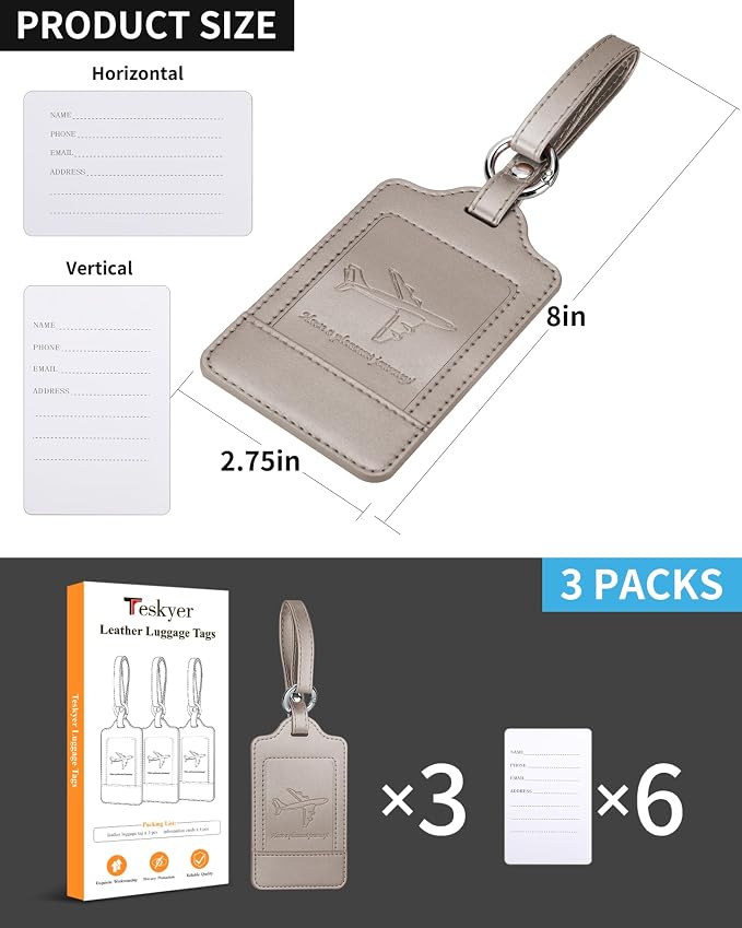 Teskyer Luggage Tags, 3 Pack Premium PU Leather Luggage Tags Privacy Protection - Image 7