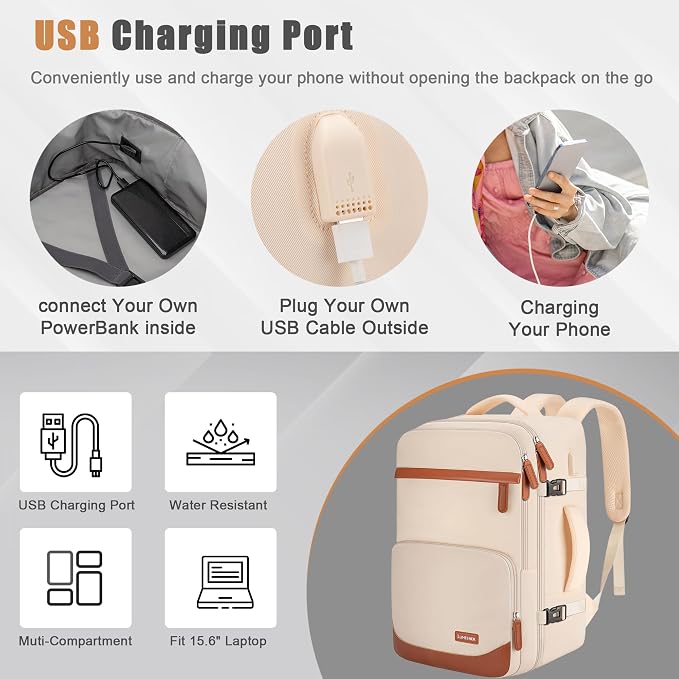 40L Travel Backpack with USB Charging Port, Water-Resistant Carry On Backpack - Image 2