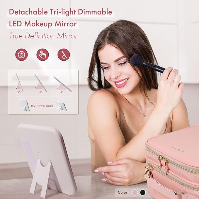 Travel Makeup Bag with LED Mirror Double Layer, Detachable Vanity Mirror with - Image 3