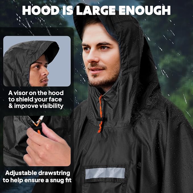 ANYOO Hooded Rain Poncho for Adults Waterproof Lightweight Rain Coat for Men - Image 5