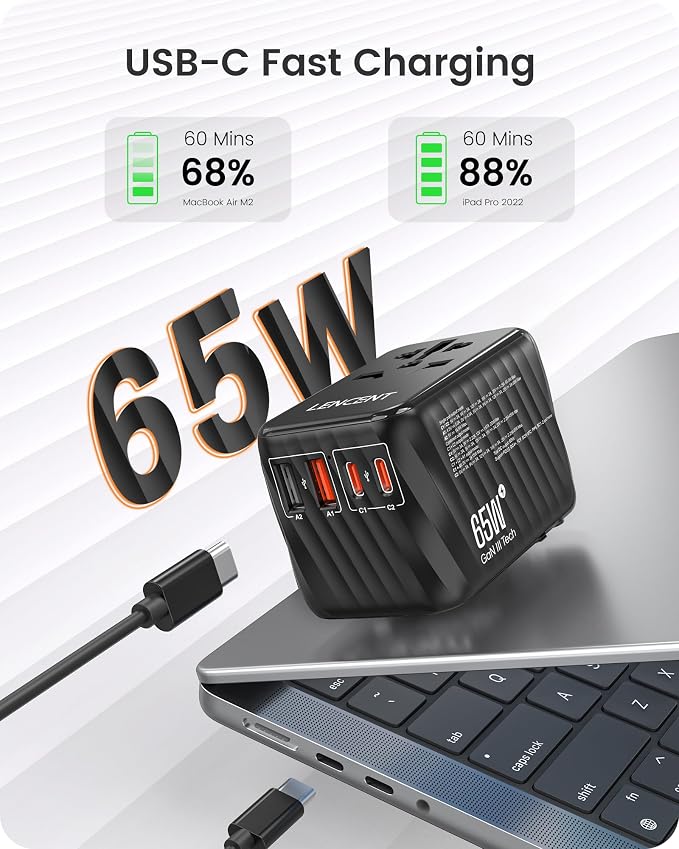 LENCENT Universal Travel Adapter, 65W GaN International Fast Charger - Image 2