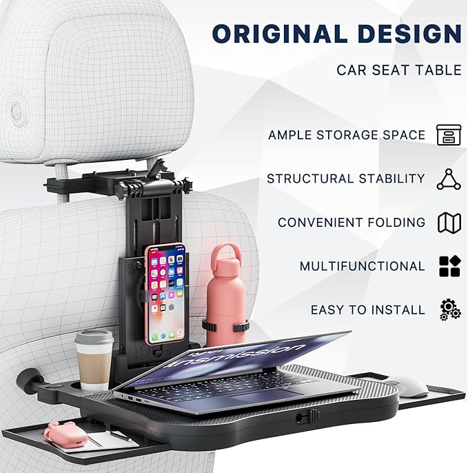 Car Back Seat Tray Table, Stable Foldable Auto Backseat Food Trays Desk - Image 3