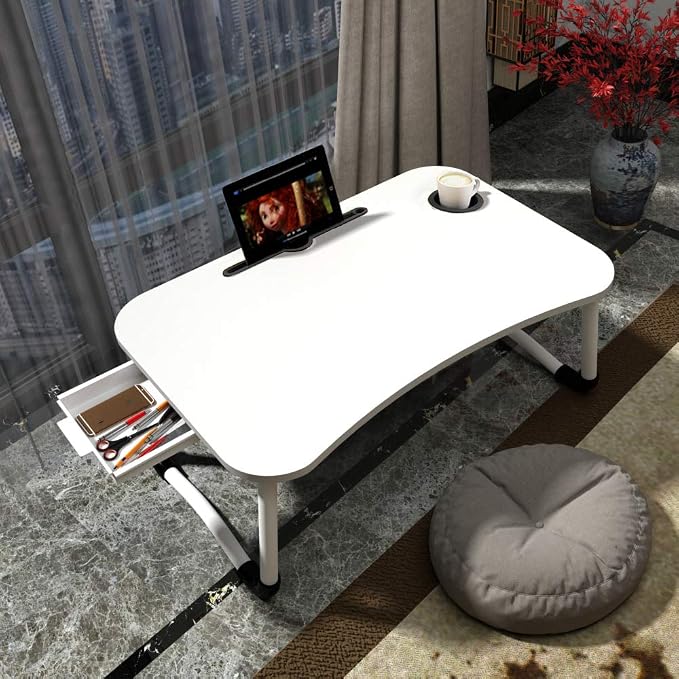 23.6'' Ergonomic Lap Desk with Storage Drawer & Cup Holder, Foldable Laptop Bed by VebaCidi