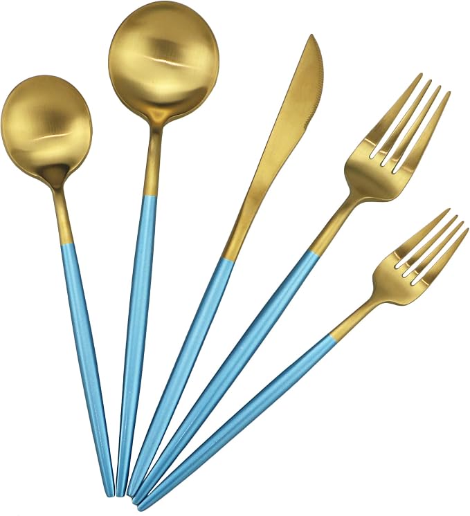 Gugrida Blue Handle Matte Gold Silverware Set by Gugrida