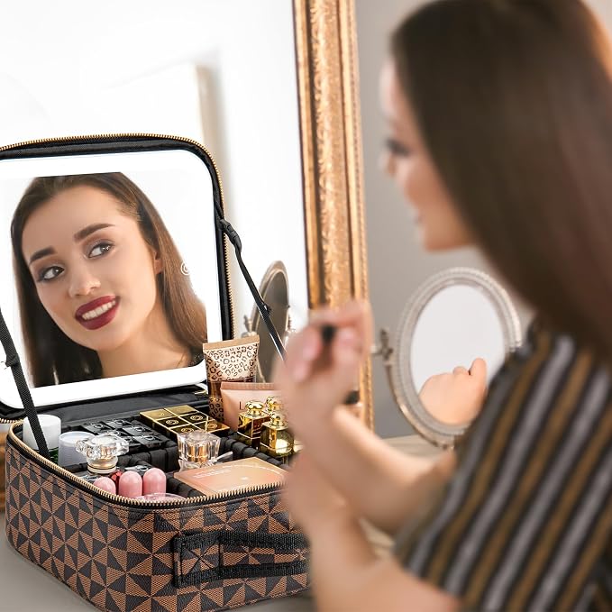 Makeup Travel Train Case with Mirror LED Light 3 Adjustable Brightness Large - Image 6