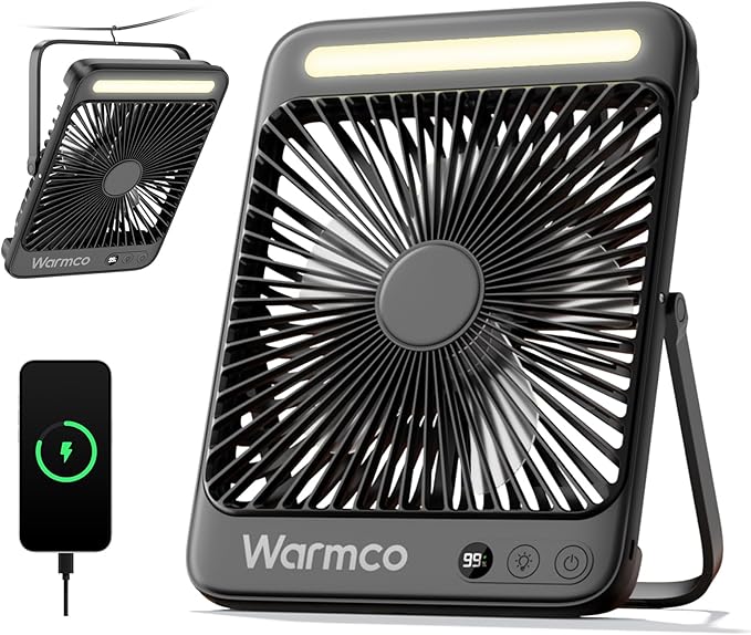Warmco 20000mAh 8-inch Portable Camping Desk Fan, Ultra-thin LED Light by Warmwinterscoolsummers