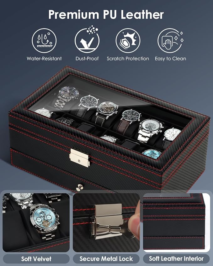Watch Box Jewelry Organizer, 12-Slot 2-Layer Watch Case Storage - Image 5