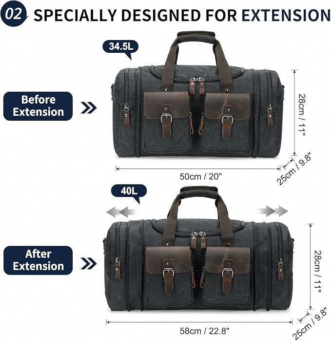 Canvas Duffle Bag with Genuine Leather Accents, Expandable 20-23 Inch Travel - Image 3