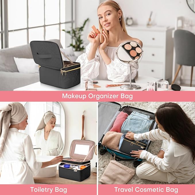 Large Makeup Bag with Mirror Double Layer Travel Make Up Organizer Case - Image 7