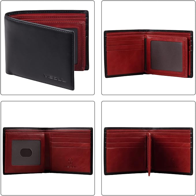 VISOUL Mens Bifold Wallet with 2 ID Windows and 2 Money Compartments, Genuine - Image 3
