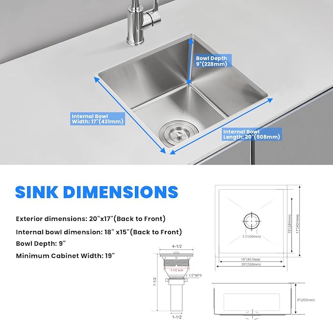 POPFLY 20×17 Inch Undermount Kitchen Sink, Small Wet Bar Prep Sink, 18 Gauge - Image 7