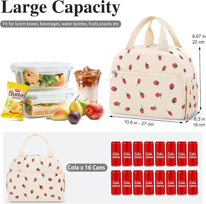 Lunch Bag Lunch Box for Women Adults Men, Cute Strawberry Corduroy Insulated - Image 2