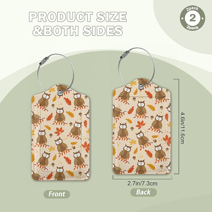 2 Pack Luggage Tags for Suitcase, Autumnal Leaves and Owl Bird Leather Luggage - Image 2
