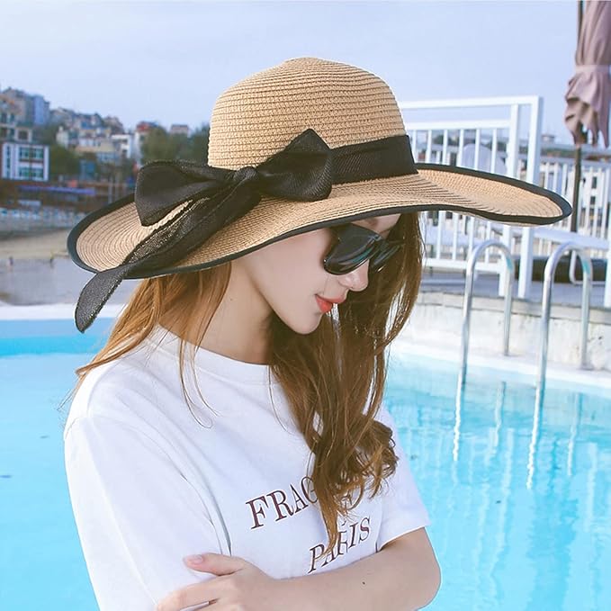 DRESHOW Beach Hats for Women Big Straw Wide Brim Summer Hat Floppy Foldable - Image 6